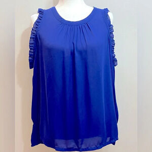 Ann Taylor Loft Long Sleeve Ruffled Cold Shoulder‎ Blouse Womens Small Blue